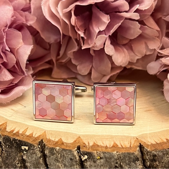 Elegant Pink Mother of Pearl Mosaic Cufflinks - Picture 6 of 17